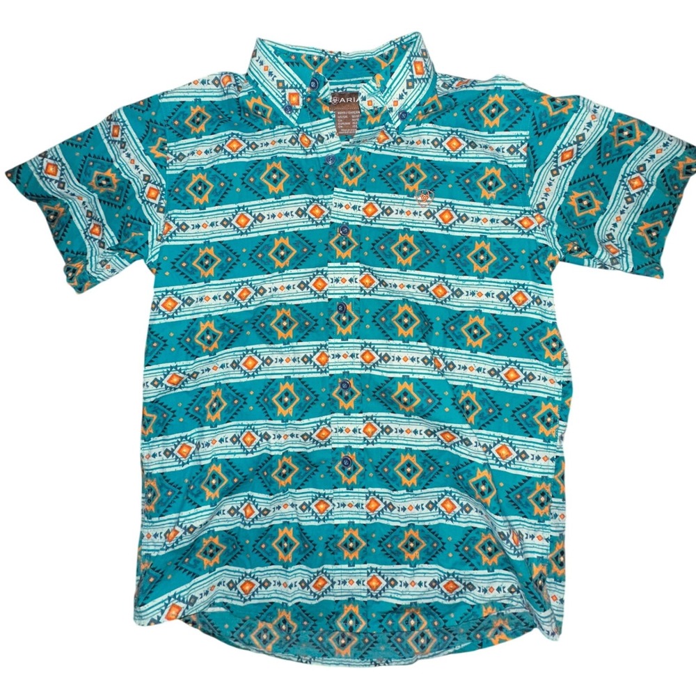 Ariat Boys Medium 10-12 Southwestern Turquoise Short Sleeve Button Down Shirt